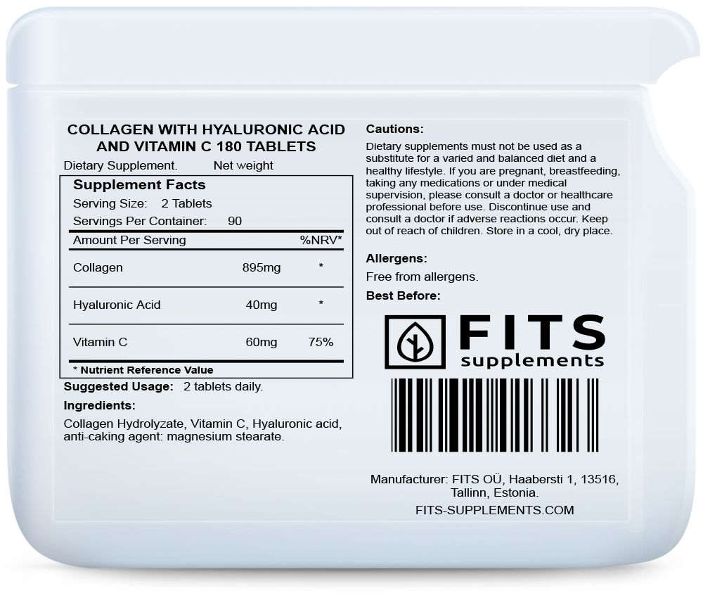 Colágeno con ácido hialurónico y vitamina C 180 tabletas