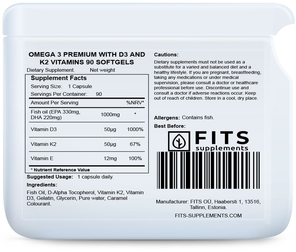 Omega 3 Premium con vitaminas D3 y K2 90 cápsulas blandas