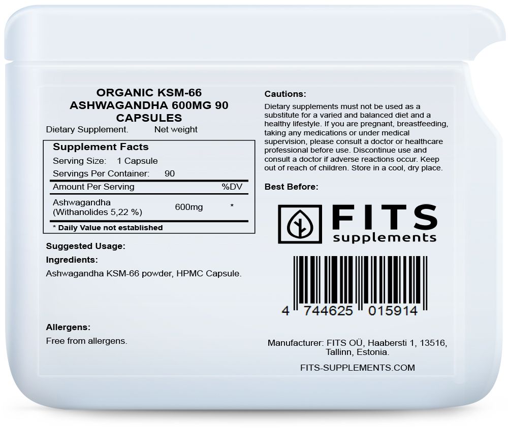 Ashwagandha orgánica KSM-66 600mg 90 cápsulas