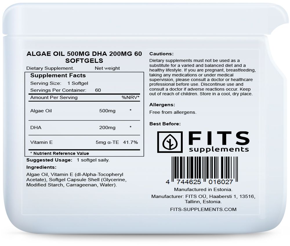 Aceite de Algas 500mg DHA 200mg 60 cápsulas blandas